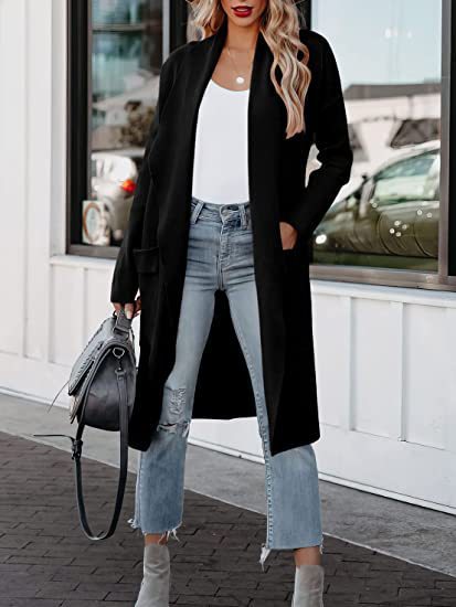 Chic women's long cardigan, open design & side pockets, essential for fall fashion.