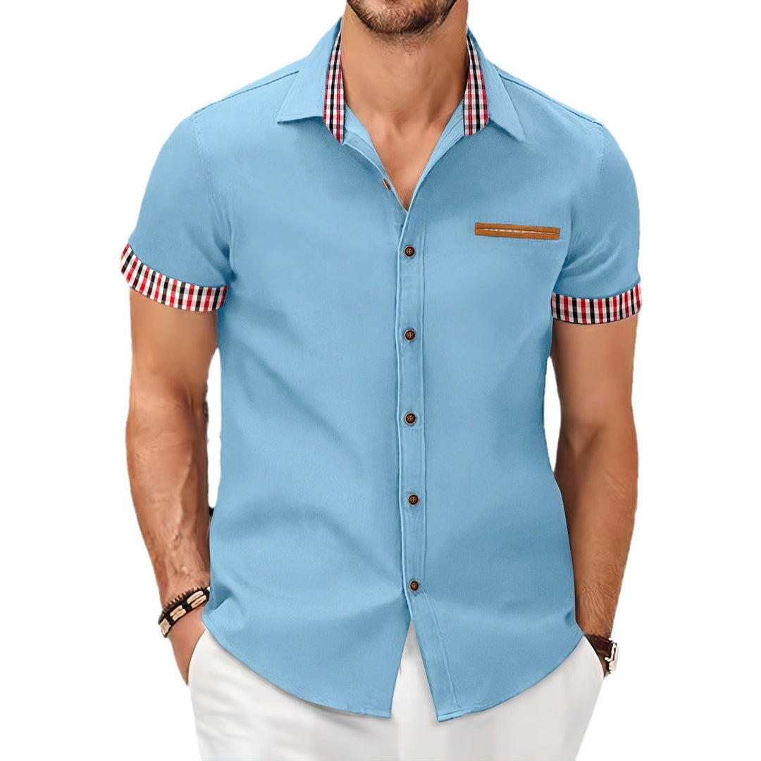 Smart casual men's short sleeve shirt in breathable fabric, with eye-catching contrast trim for style.