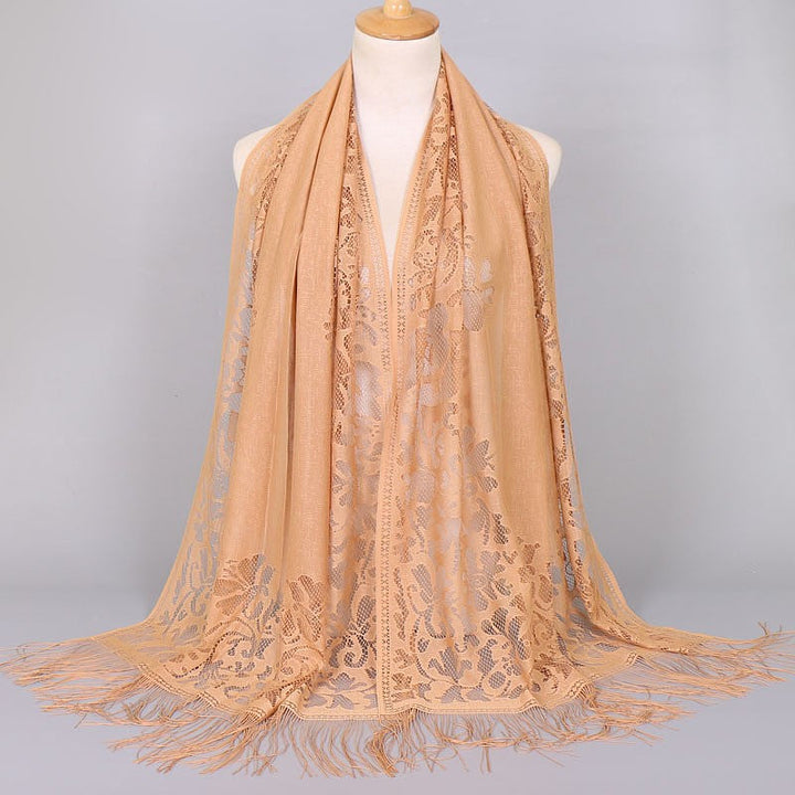 Women's elegant lace floral scarf, a lightweight accessory with chic fringes, perfect fashion.