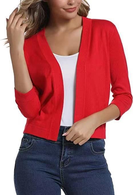 Comfort fit ladies open-front cardigan, 3/4 sleeves, perfect for versatile daily fashion.
