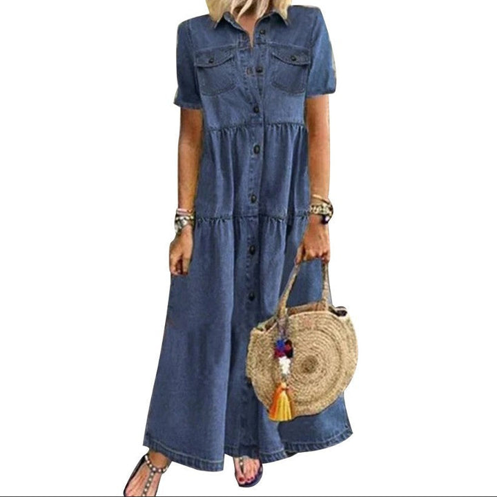 Women's short sleeve maxi shirt dress, versatile for smart casual or travel. Features button-front & pockets.