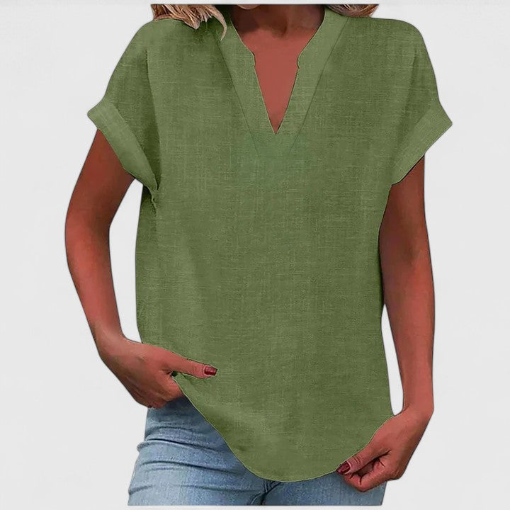 Soft, relaxed fit V-neck blouse for women, offering ultimate comfort.