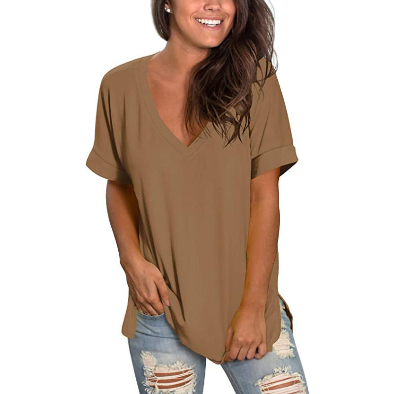 Versatile women's V-neck top, a comfortable short-sleeve tee for casual and everyday chic.