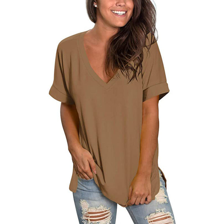 Versatile women's V-neck top, a comfortable short-sleeve tee for casual and everyday chic.