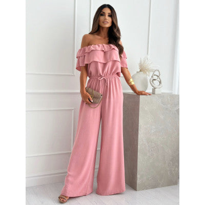 Chic off-shoulder wide-leg jumpsuit for women. Offers elegant style and ultimate comfort for fashionable ladies wear.