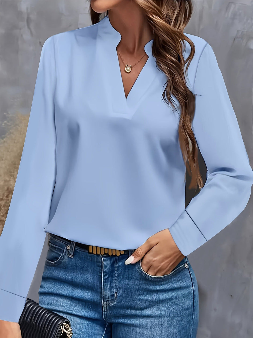 Clean white women's elegant stand-up collar long sleeve blouse, a versatile top for professional & casual settings.