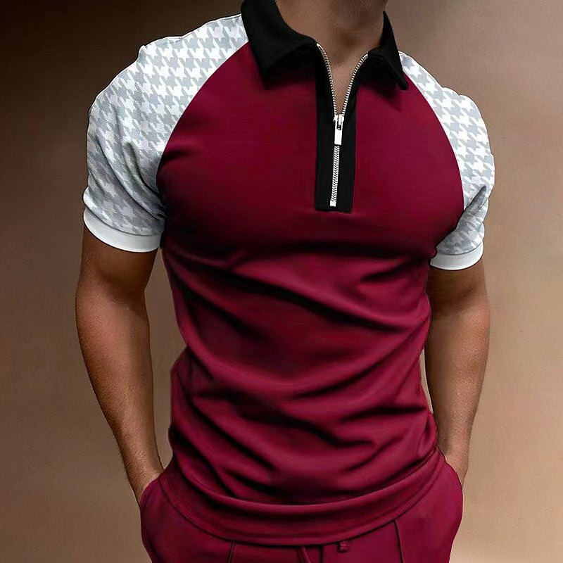 Athletic man wearing a navy performance half-zip polo shirt on a golf course, showcasing comfort & flexibility.