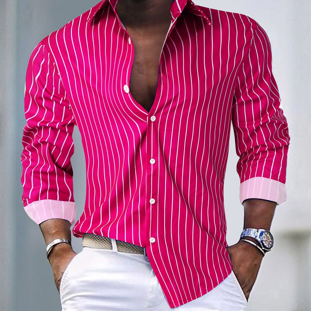 Versatile men's long-sleeve striped shirt, a modern slim-fit button-down for casual or formal fashion.