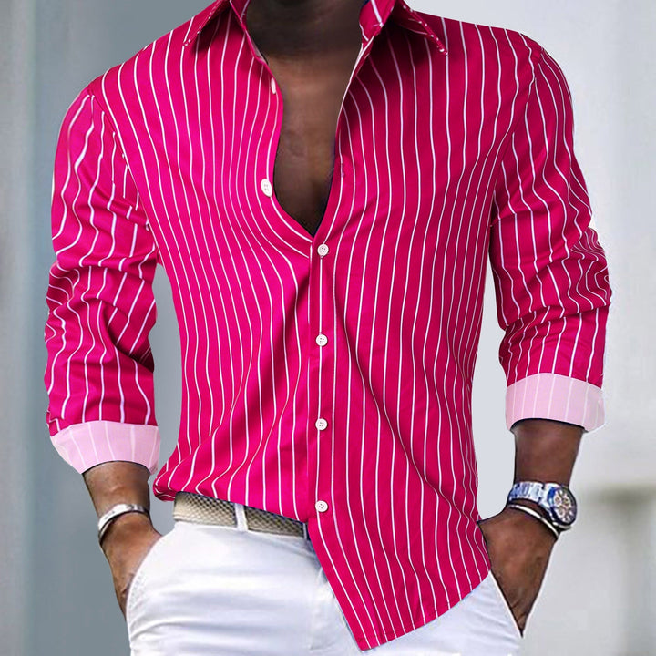 Versatile men's long-sleeve striped shirt, a modern slim-fit button-down for casual or formal fashion.