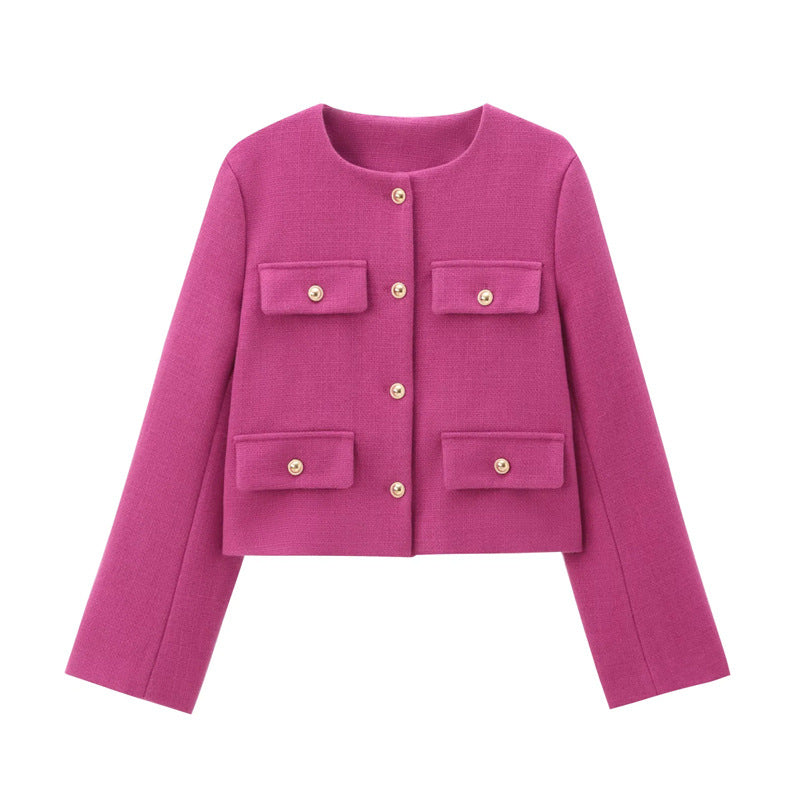 Elegant gold button cropped blazer for women, chic, tailored fit, perfect for sophisticated work & casual.