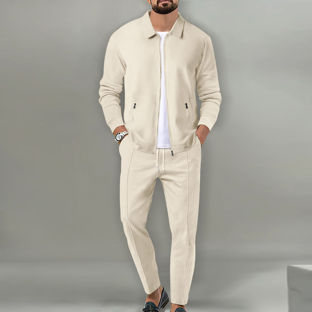 Durable men's modern tracksuit set, featuring a stylish track jacket & pants for all sports & casual needs.