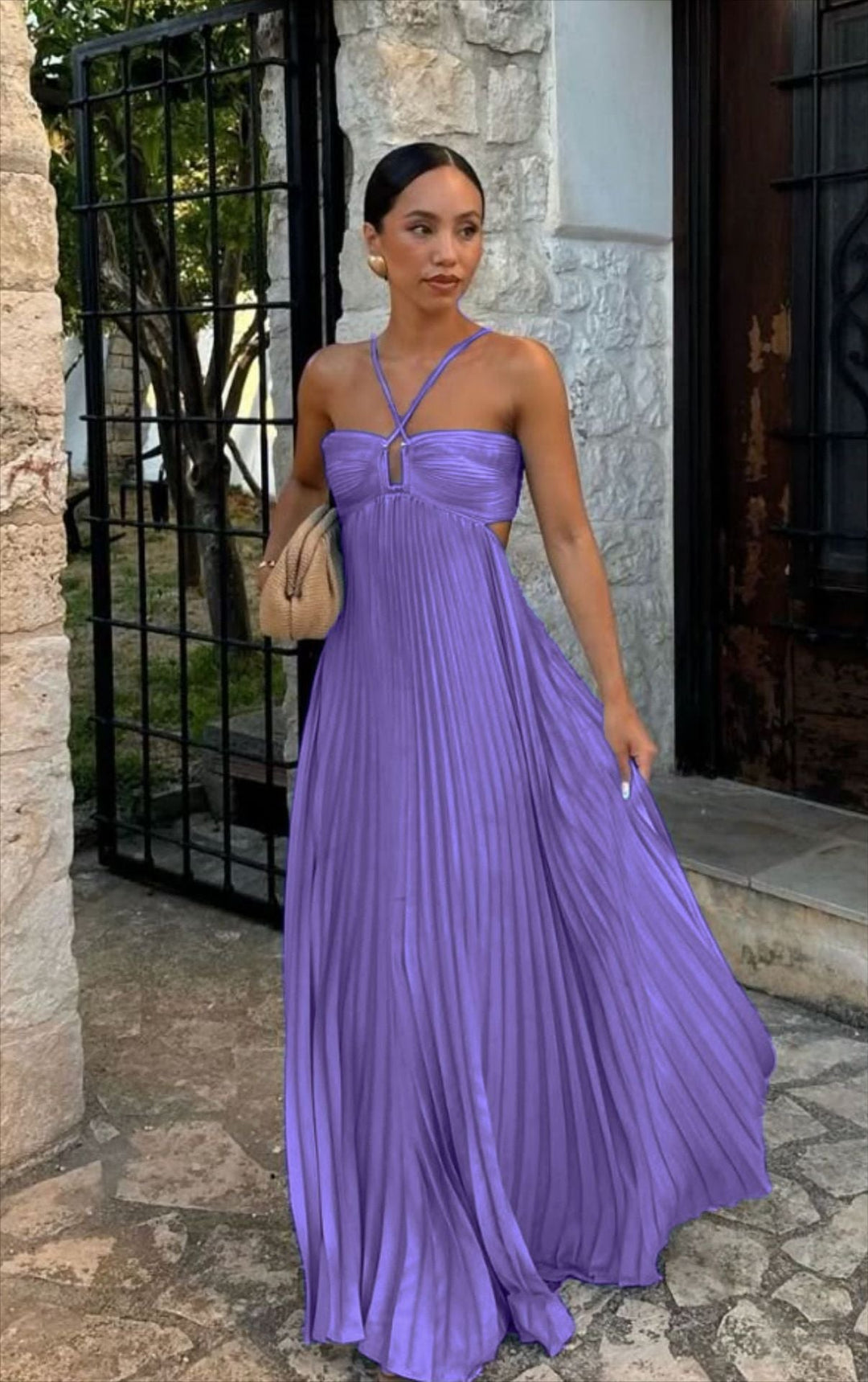Women's special occasion off-shoulder dress, fully pleated design with elegant and secure adjustable straps.