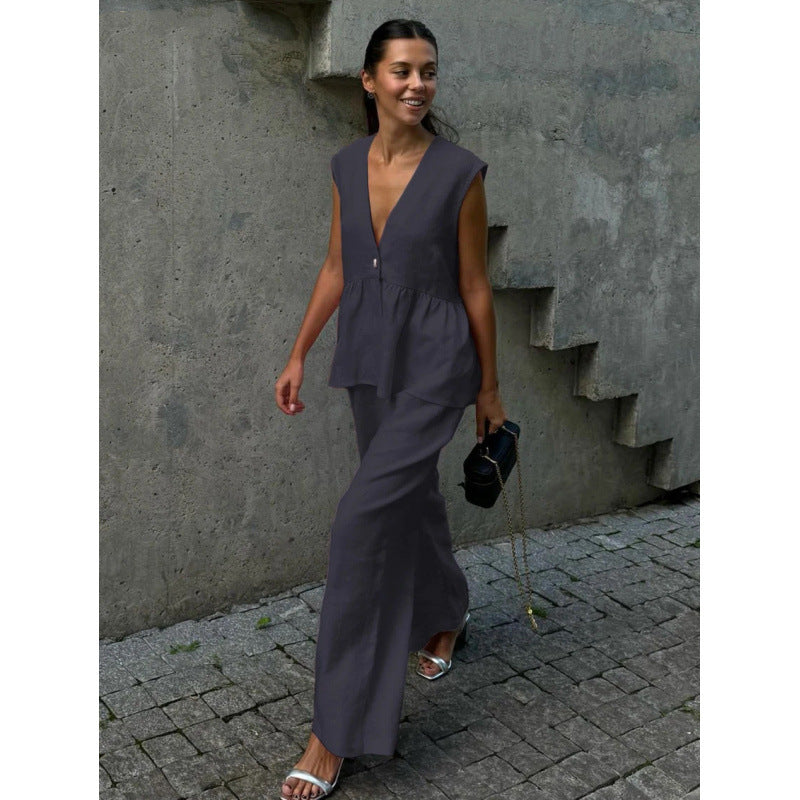 Relaxed fit women's V-neck top with wide-leg pants set, ideal comfortable summer casual wear.