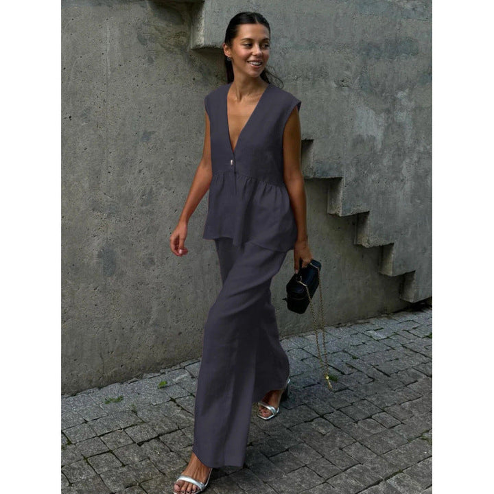 Relaxed fit women's V-neck top with wide-leg pants set, ideal comfortable summer casual wear.