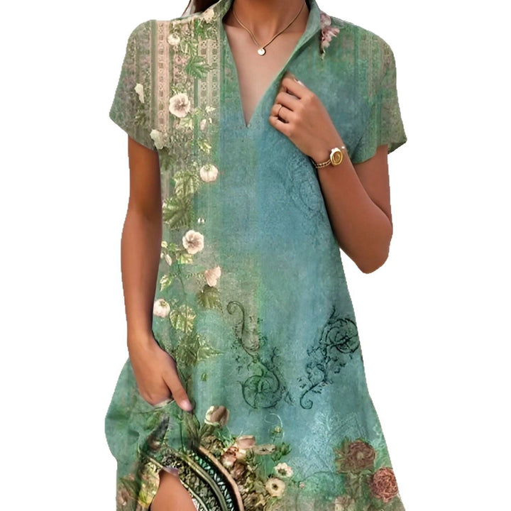 Stylish women's floral short-sleeve nightgown. Perfect for elegant nightwear or comfy casual dress during summer.