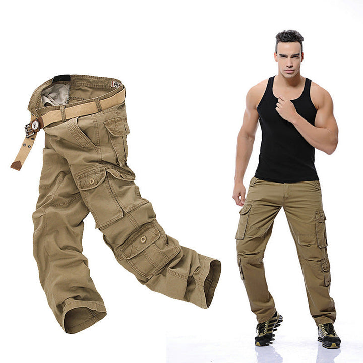 Men's multifunctional cargo pants with adjustable waist and multiple utility pockets, ideal for outdoor adventures.