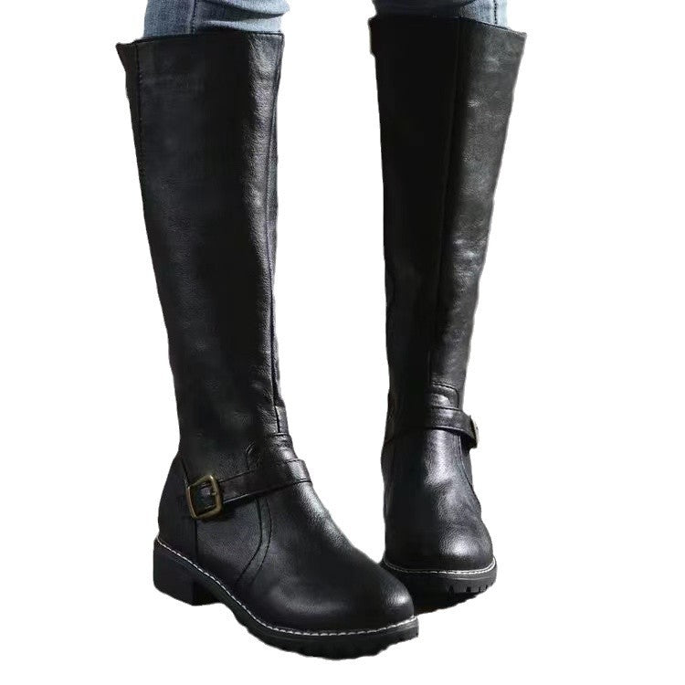 Versatile women's fall boots. Knee-high fit with sturdy side zipper and adjustable buckle strap.