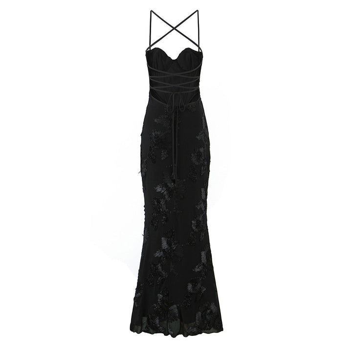 Beautiful women's formal lace maxi dress with intricate details & a daring open back for evening wear.