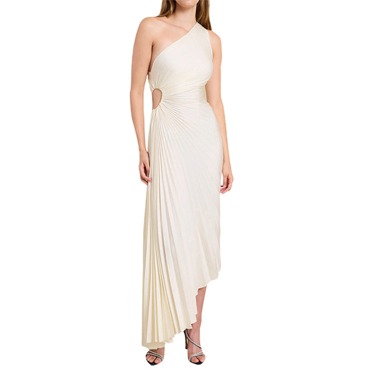 Chic pleated midi dress, asymmetrical one-shoulder for special occasions.