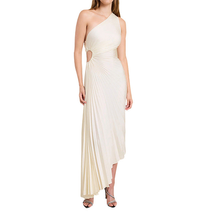 Chic pleated midi dress, asymmetrical one-shoulder for special occasions.