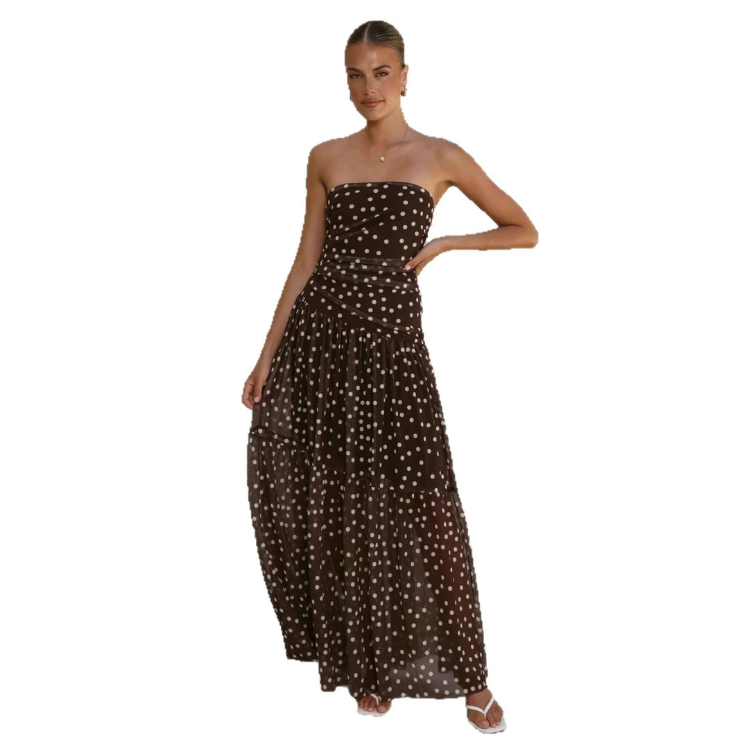 Versatile women's polka dot off-shoulder maxi dress, perfect for casual summer wear, parties, or elegant vacations.
