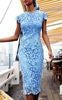 Formal blue floral lace women's sheath dress, perfect for special occasions, parties, and evening events.