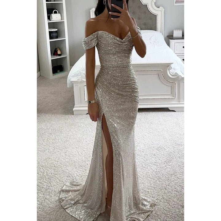 Chic women's off-shoulder sequin dress for proms, galas, and formal evening parties. Shimmering long gown.