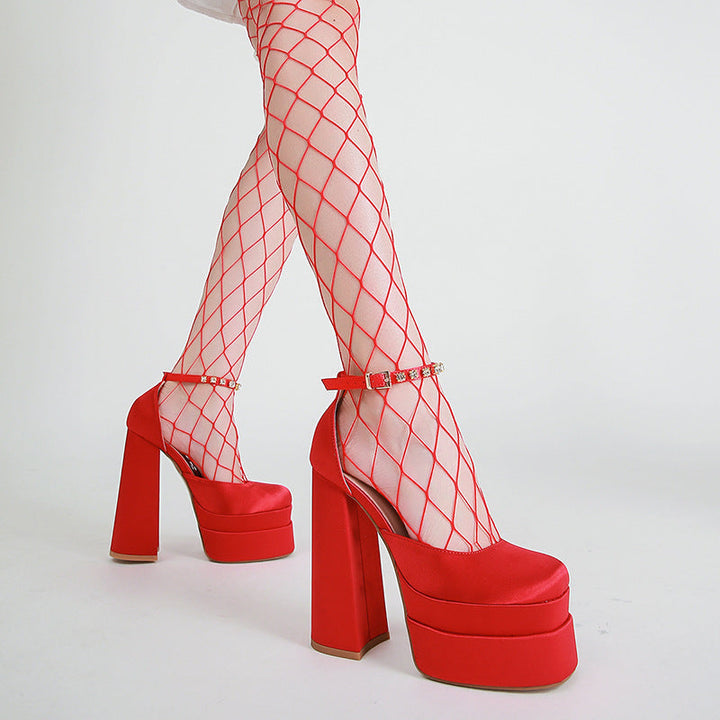Chunky high heel platform shoes with an ankle strap, offering elevated style for women.