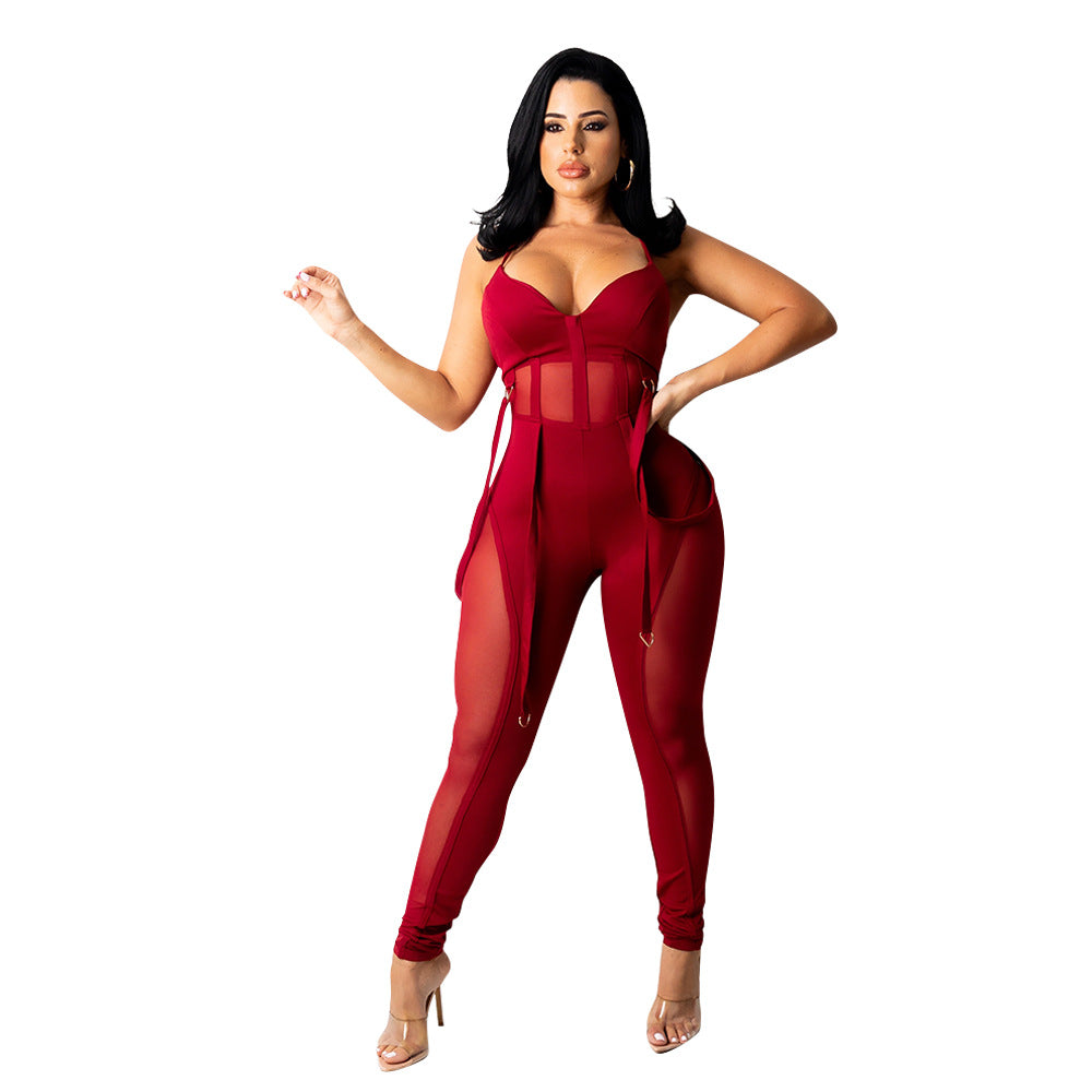 Modern women's V-neck jumpsuit with transparent panels & adjustable straps.