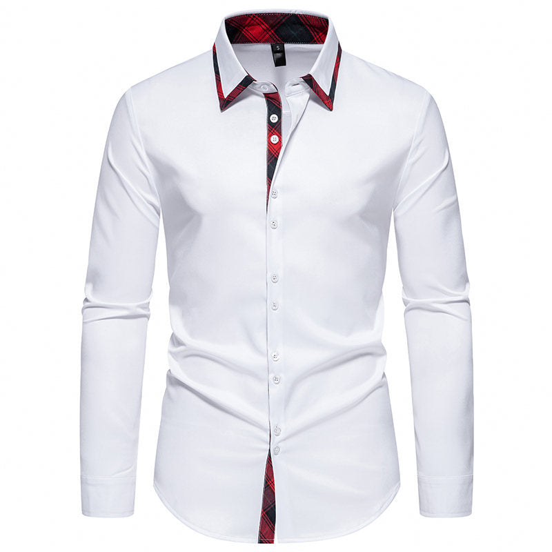 Stylish men's button-up dress shirt, long sleeve, featuring a unique checkered collar design. Perfect for modern menswear.