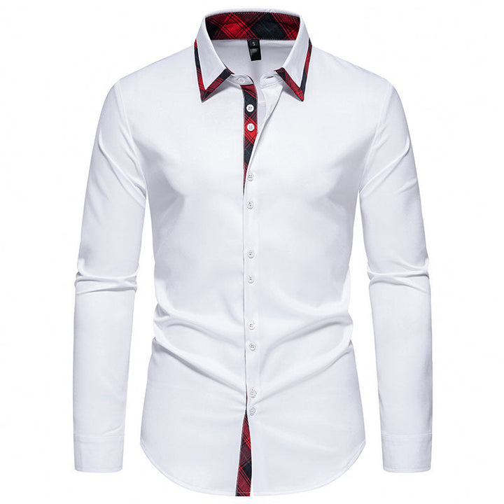 Stylish men's button-up dress shirt, long sleeve, featuring a unique checkered collar design. Perfect for modern menswear.