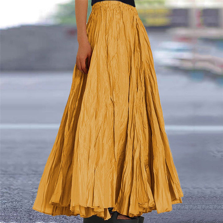 Bohemian style women's flowing maxi skirt, A-line design, comfortable elastic waist.