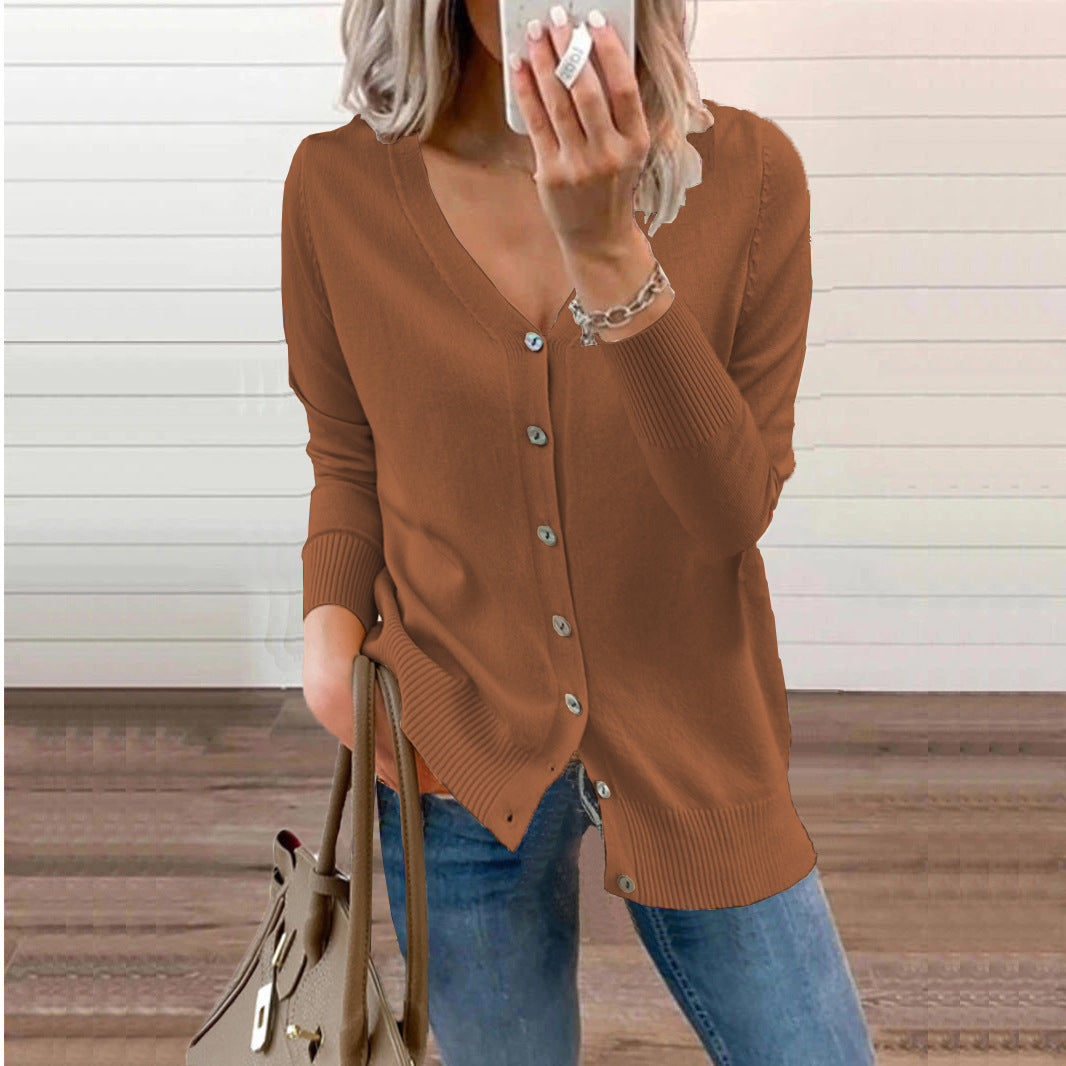 Cozy long-sleeve V-neck button knit cardigan for women, perfect for comfortable casual wear.