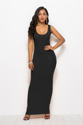 Chic women's deep round neck long dress. Simple, elegant, and flattering for any occasion.
