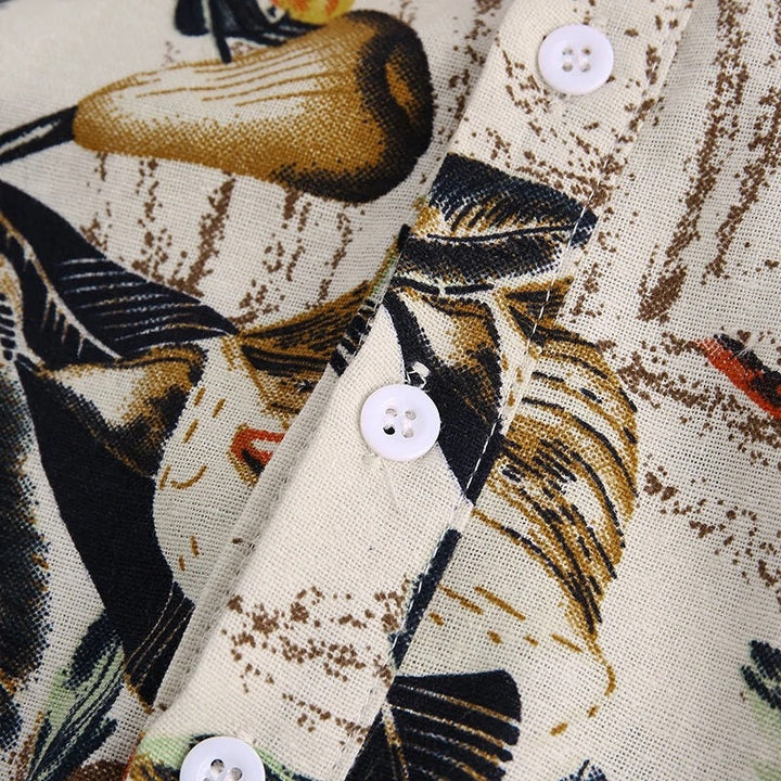 Comfortable men's patterned short sleeve henley shirt, featuring a vibrant floral design for summer.