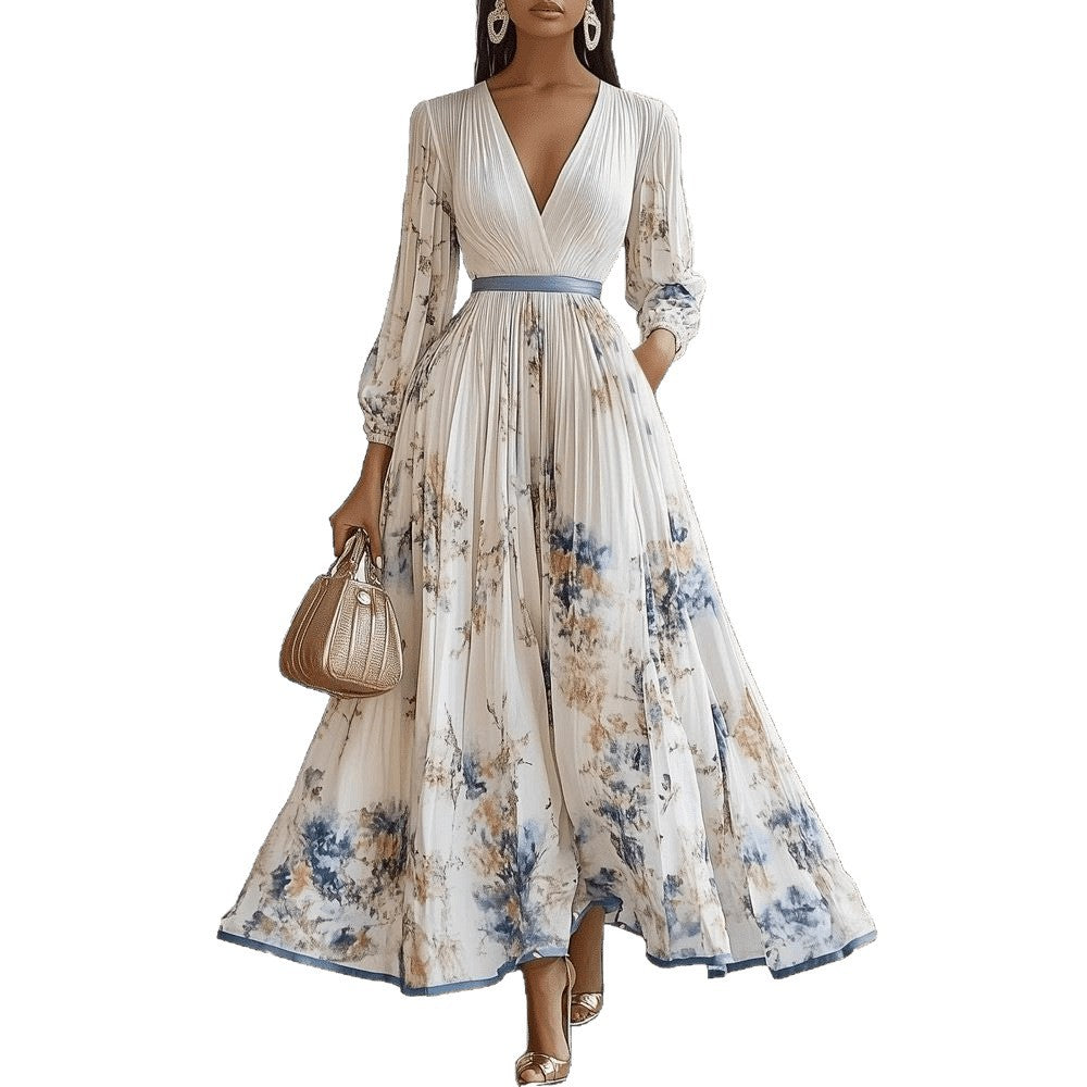 Elegant women's maxi dress: vibrant floral print, flattering V-neck, and chic puffed long sleeves for any occasion.