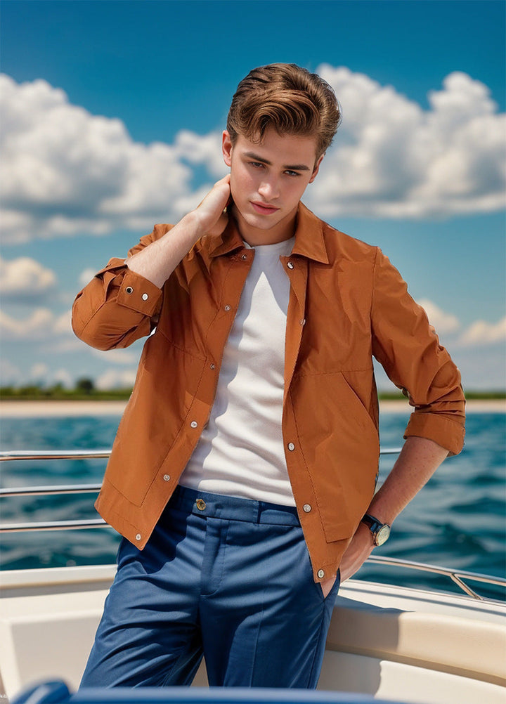 Breathable men's lightweight summer travel jacket, comfortable fit with snap closure.