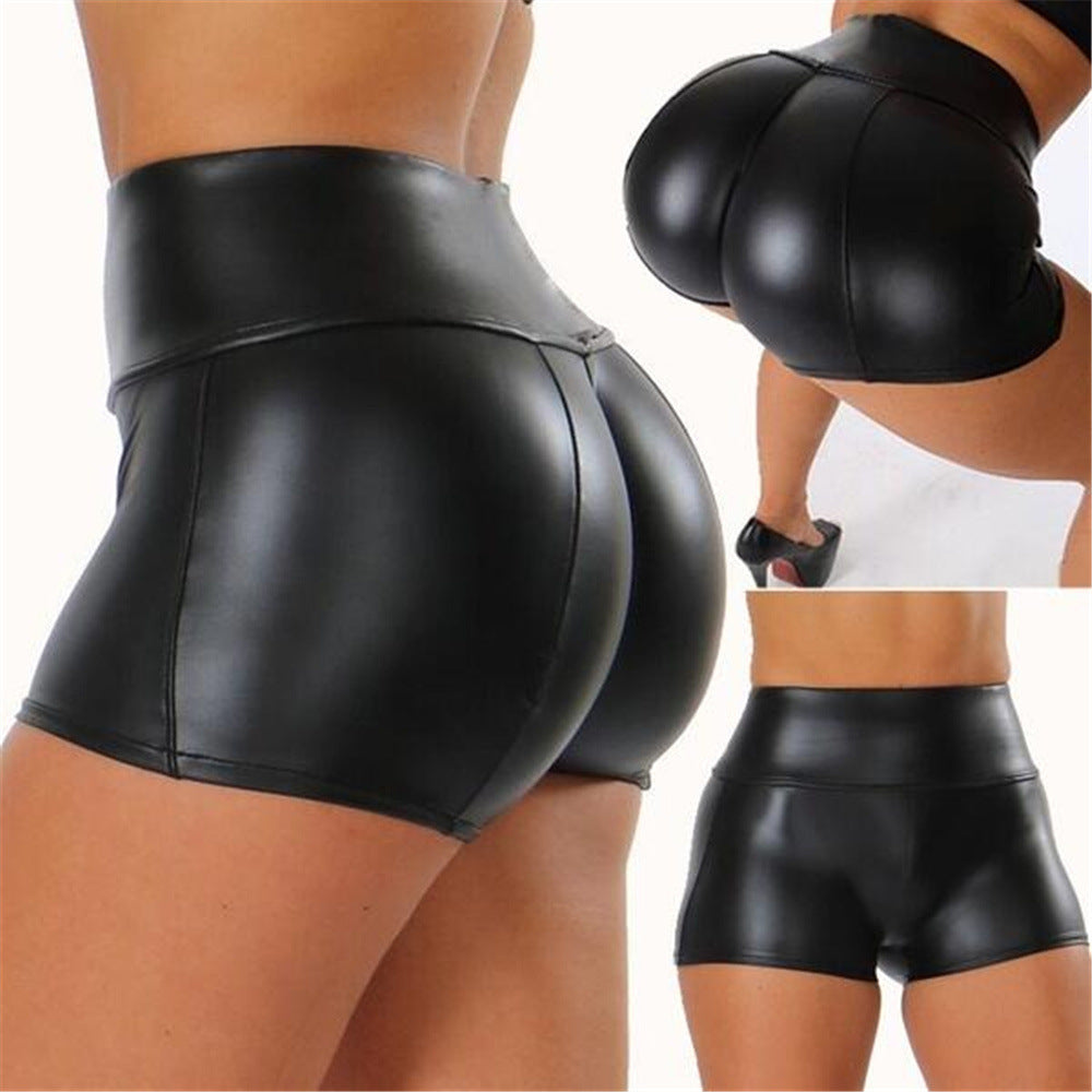 Women's shiny high-waisted sports shorts for activewear & gym workouts.