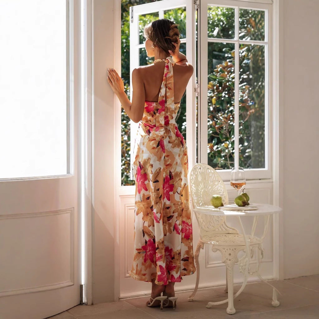Pink floral high-neck midi dress for women, chic and versatile occasion wear.