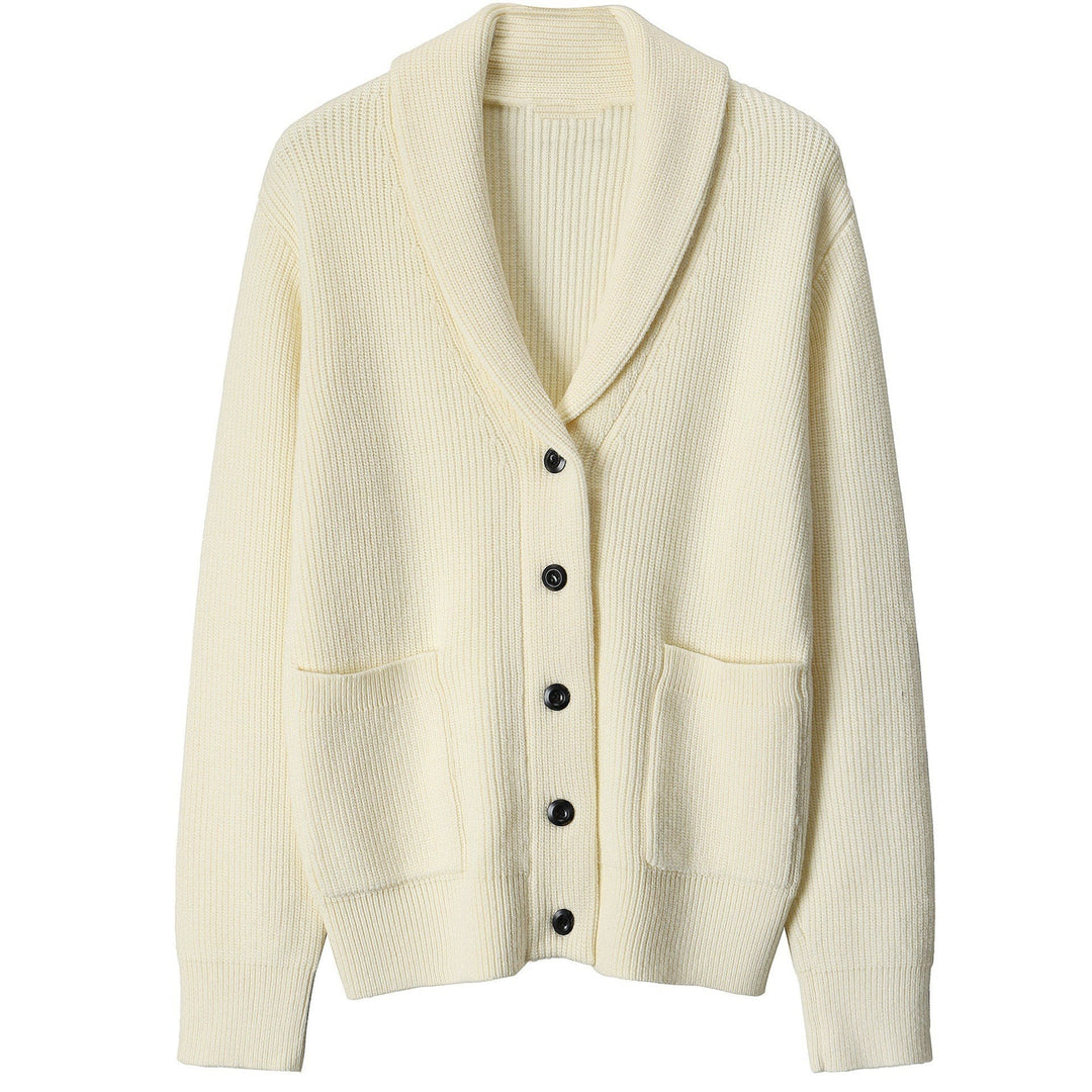 Comfortable men's knit sweater jacket with button front & stylish shawl collar, ideal for winter fashion.