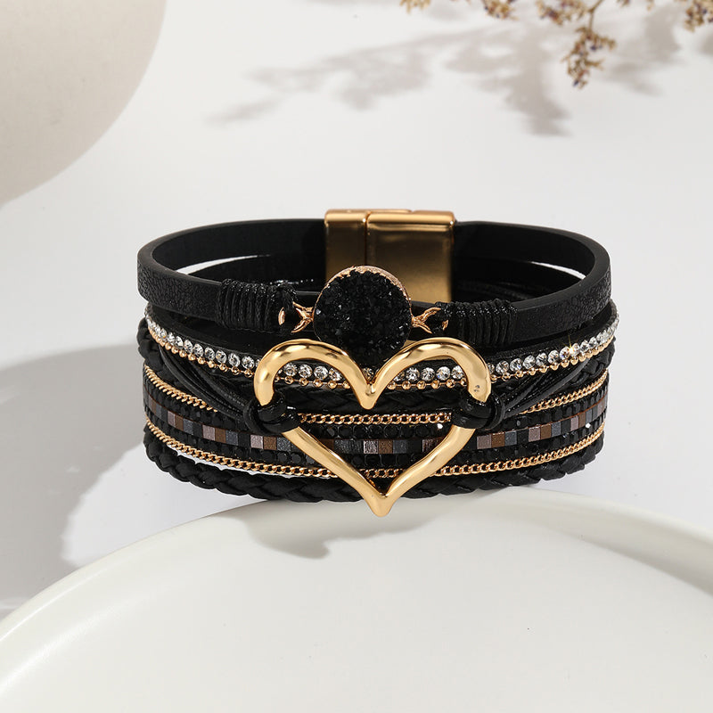 Women's elegant bohemian bracelet, combining natural stone beads with a stunning rhinestone heart charm.