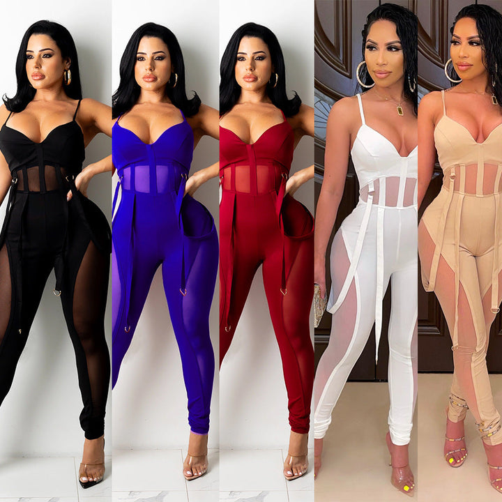 Chic women's transparent panel jumpsuit, elegant evening party wear.