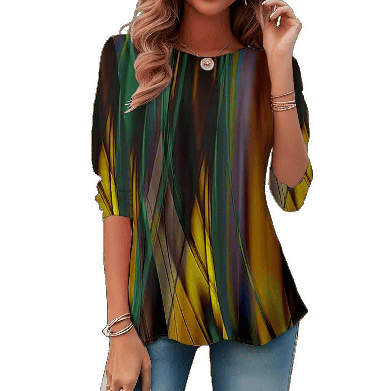 Women's abstract pattern relaxed fit blouse, a versatile long sleeve top for modern casual & elegant styles.