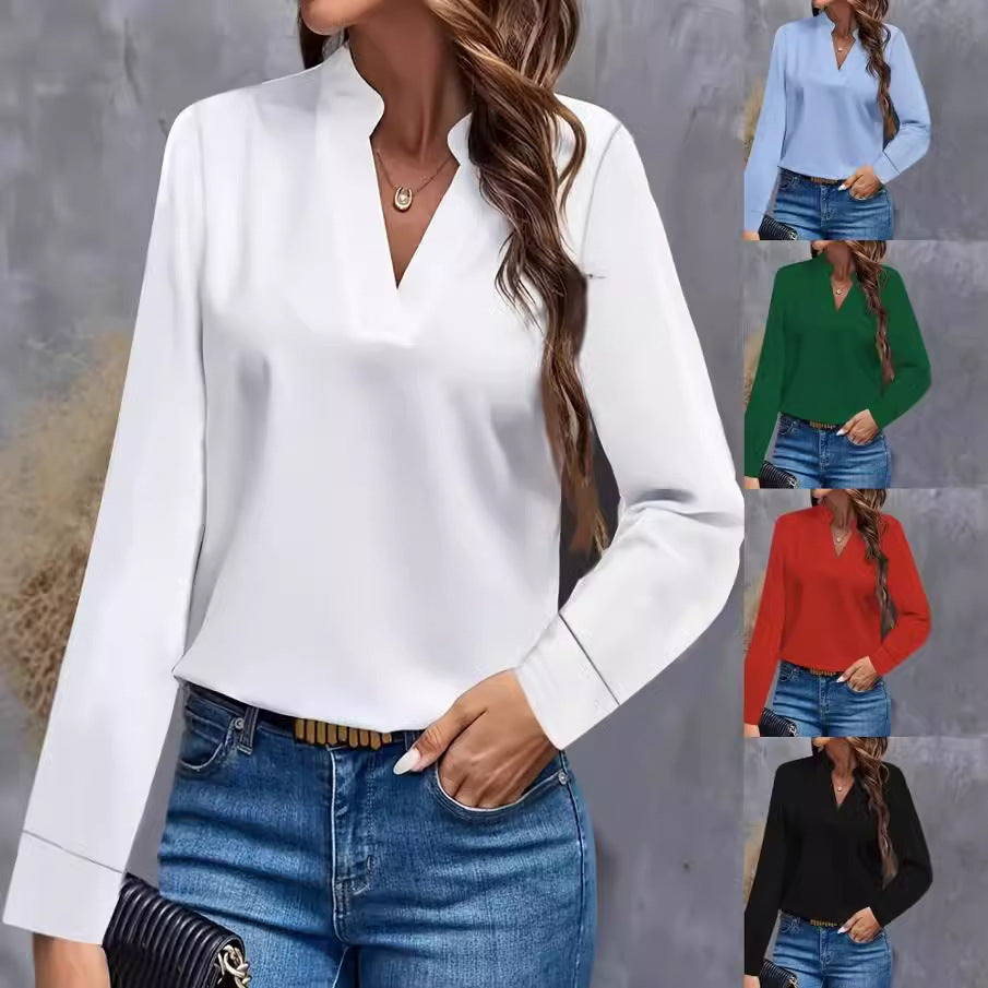 Elegant women's white stand-up collar long sleeve blouse, perfect for office or casual chic fashion.