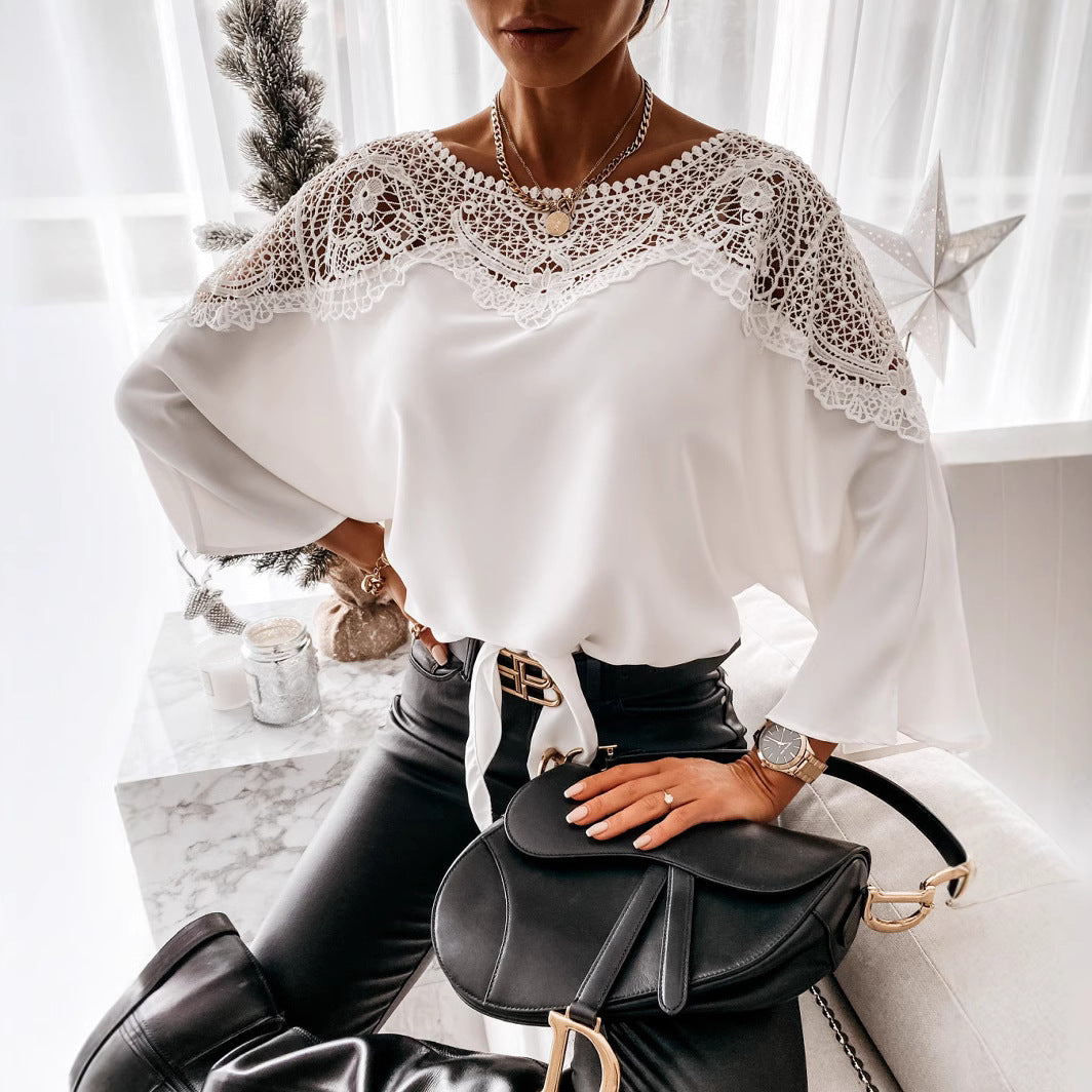 Elegant women's lace detail long sleeve blouse, perfect for office or evening wear.