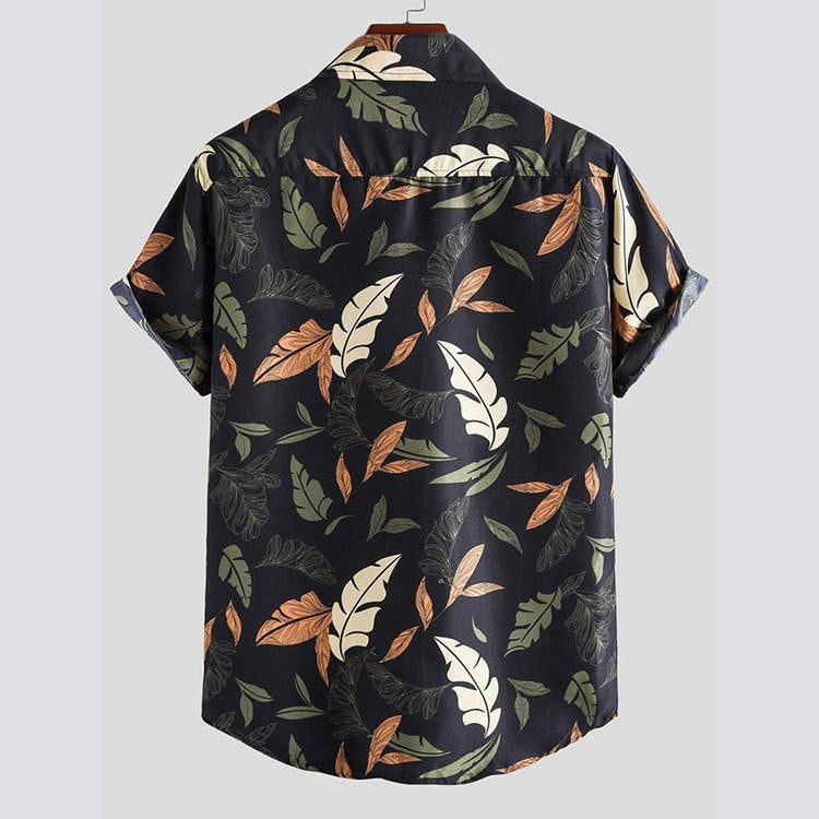 Modern men's floral print short-sleeve shirt. Relaxed fit button-down for casual summer outfits & vacations.