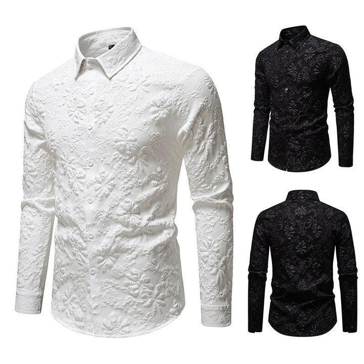 Men's elegant long sleeve shirt with a unique floral relief pattern, perfect for smart casual or special occasions.