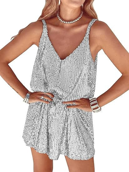Comfortable yet glamorous women's jumpsuit, featuring a shimmering finish, V-neck, and elastic waist.