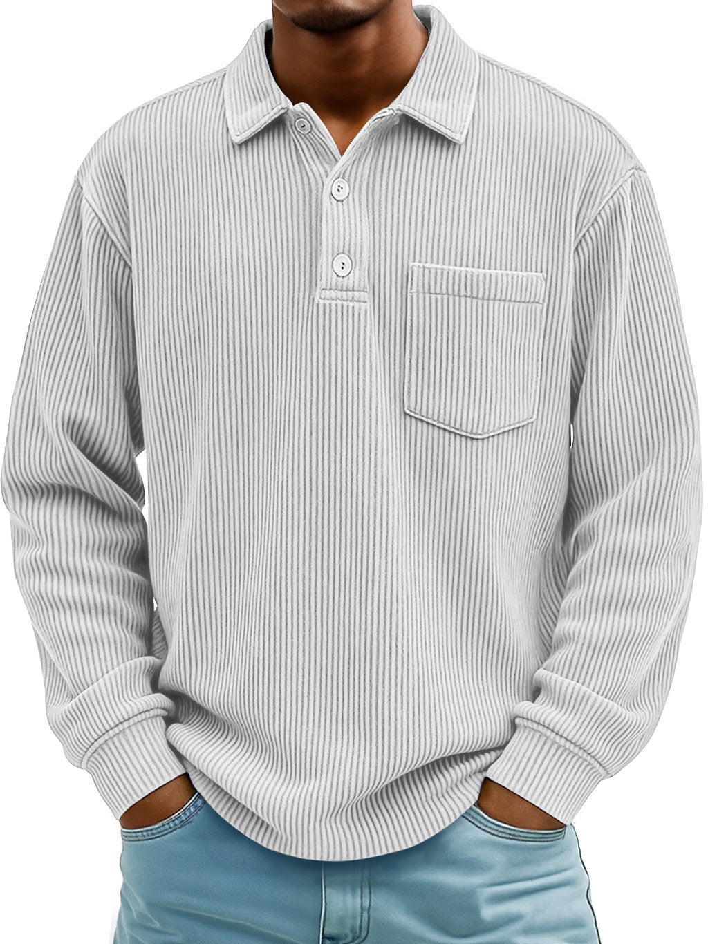 Spring men's long sleeve polo top, textured and comfortable for a modern casual look.