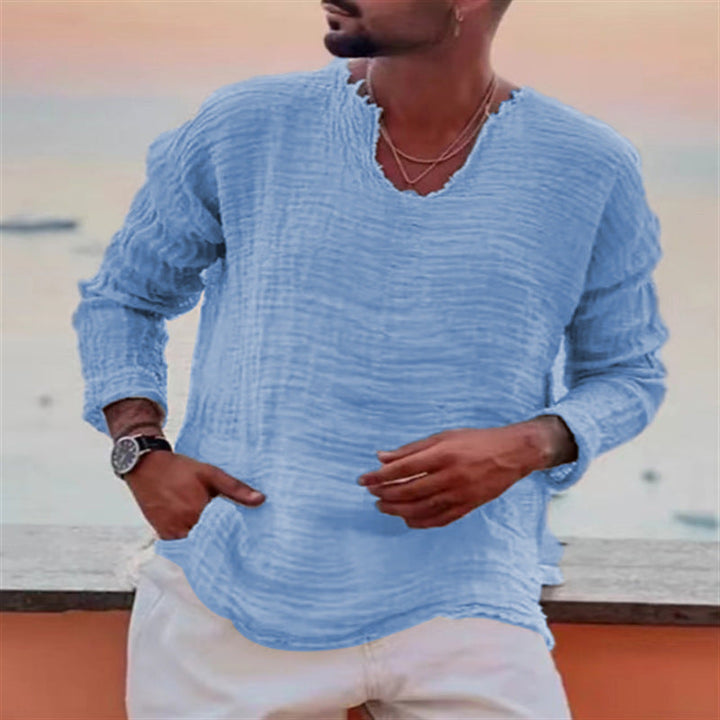 Effortless style: Men's casual V-neck shirt, relaxed fit, short sleeve. Perfect for summer comfort.